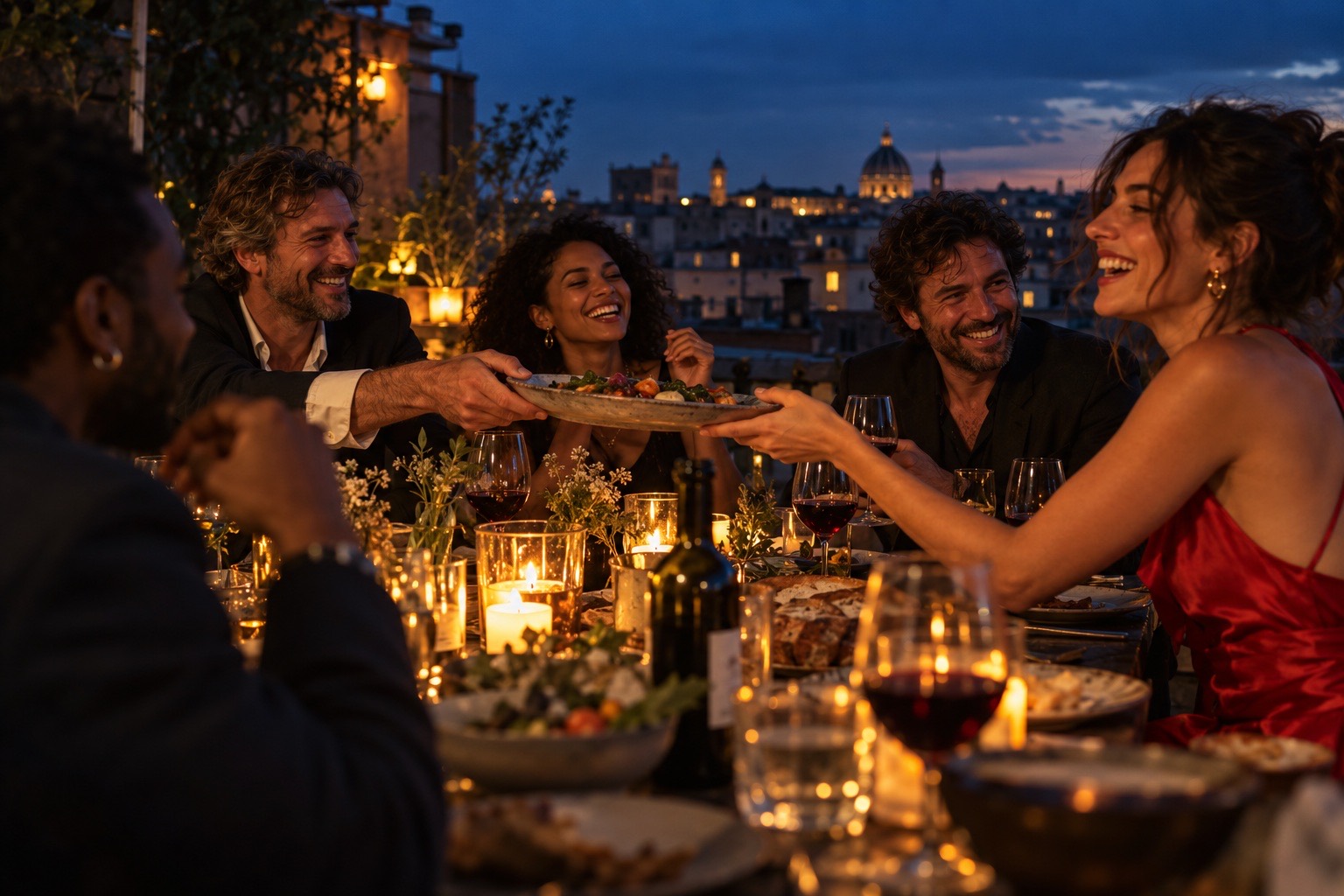 Friends sharing an outdoor dinner at dusk, passing a plate around the table