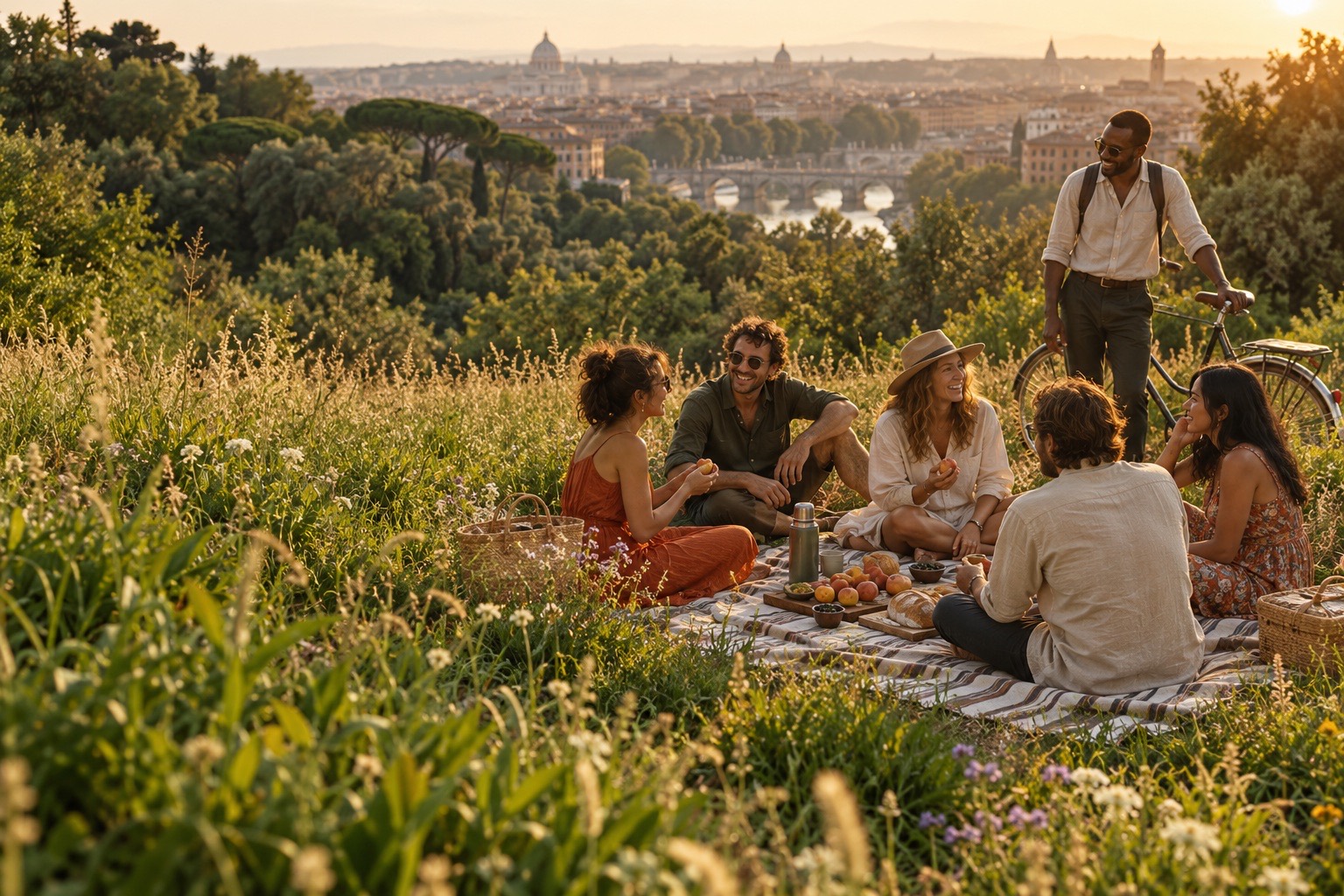 A small group of friends sharing a relaxed picnic in a sunlit city meadow