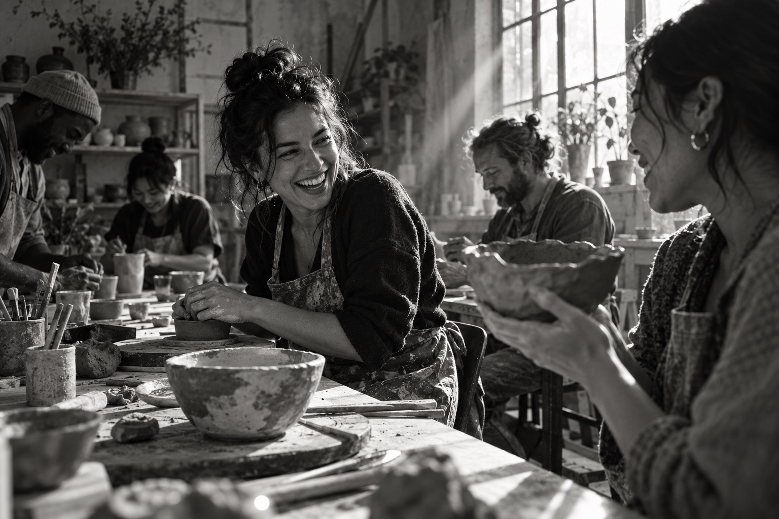 Friends laughing and making pottery together at a ceramics workshop